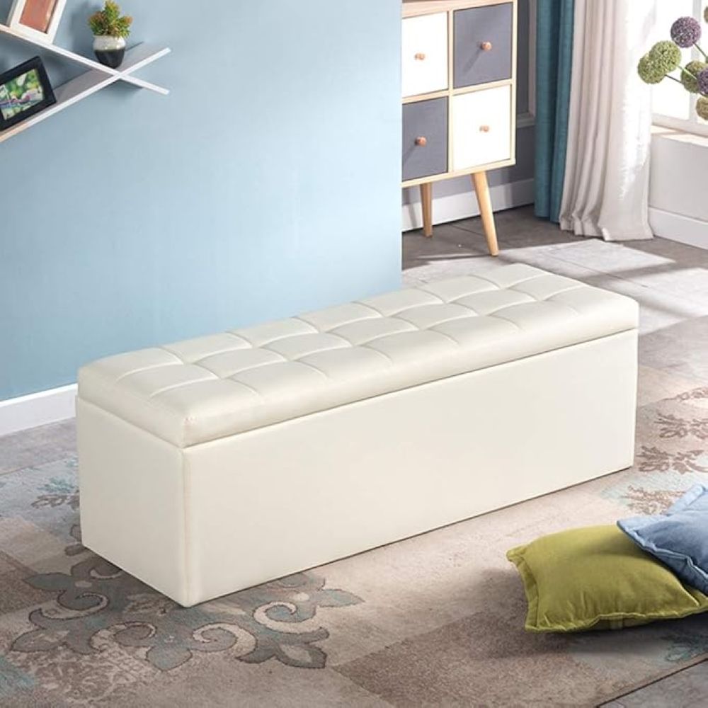 Puff Baúl 80x40 Blanco Cuero sintetico