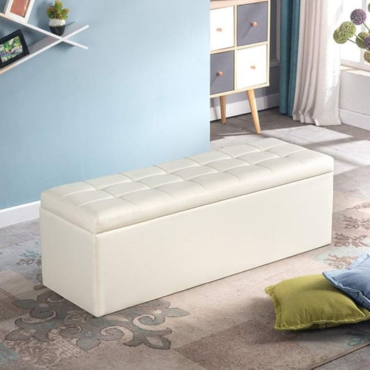 Puff Baúl 120x40 Blanco Cuero Sintético