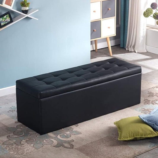 Puff Baúl 80x40 Negro Cuero Sintético